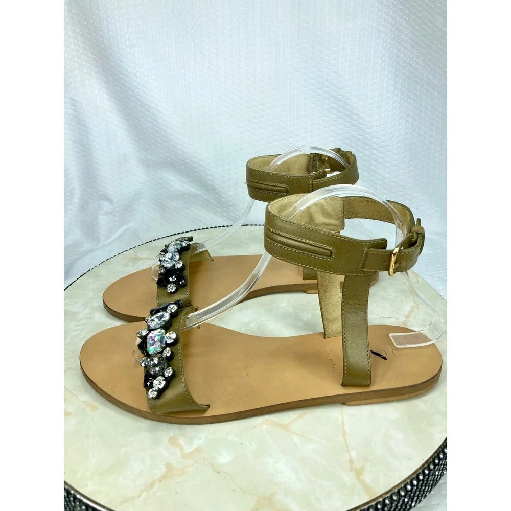 J. Crew Jeweled Ankle Strap Flat Sandals Womens 9.5 Olive Green Leather Summer